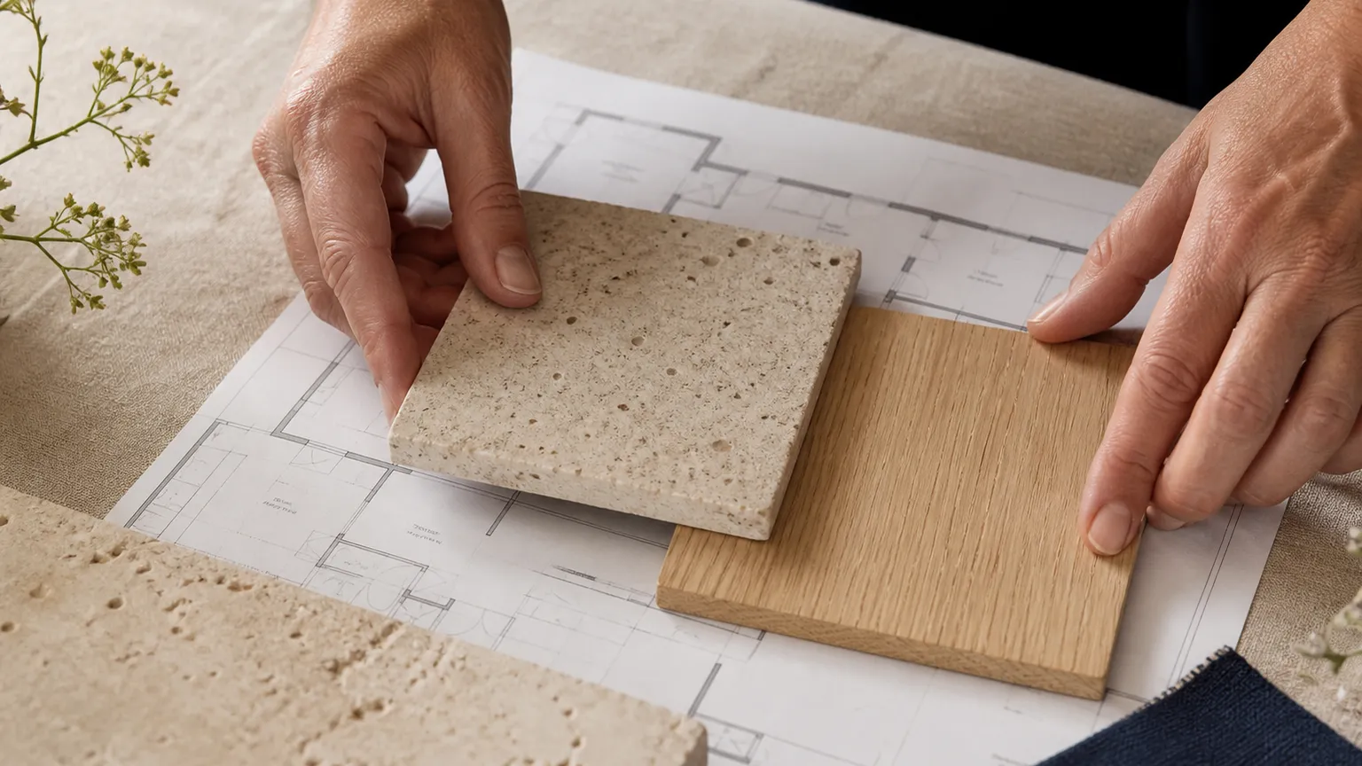 Hands arranging limestone and white oak samples over an open floor plan