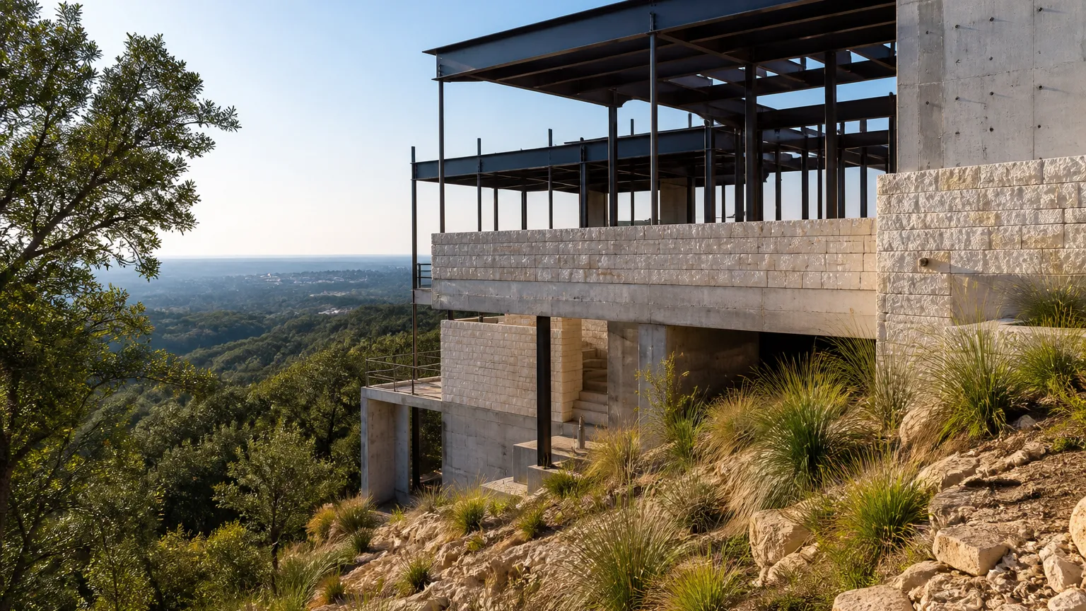 In Austin, Texas: modern luxury home rising on a steep West Austin hillside