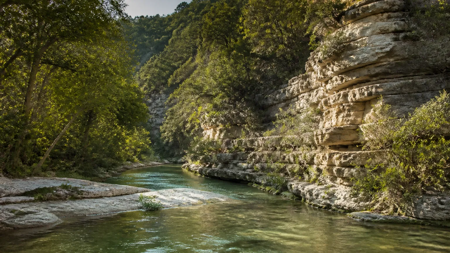 Austin, Texas terrain: wooded canyon greenbelt with limestone bluffs west of Austin