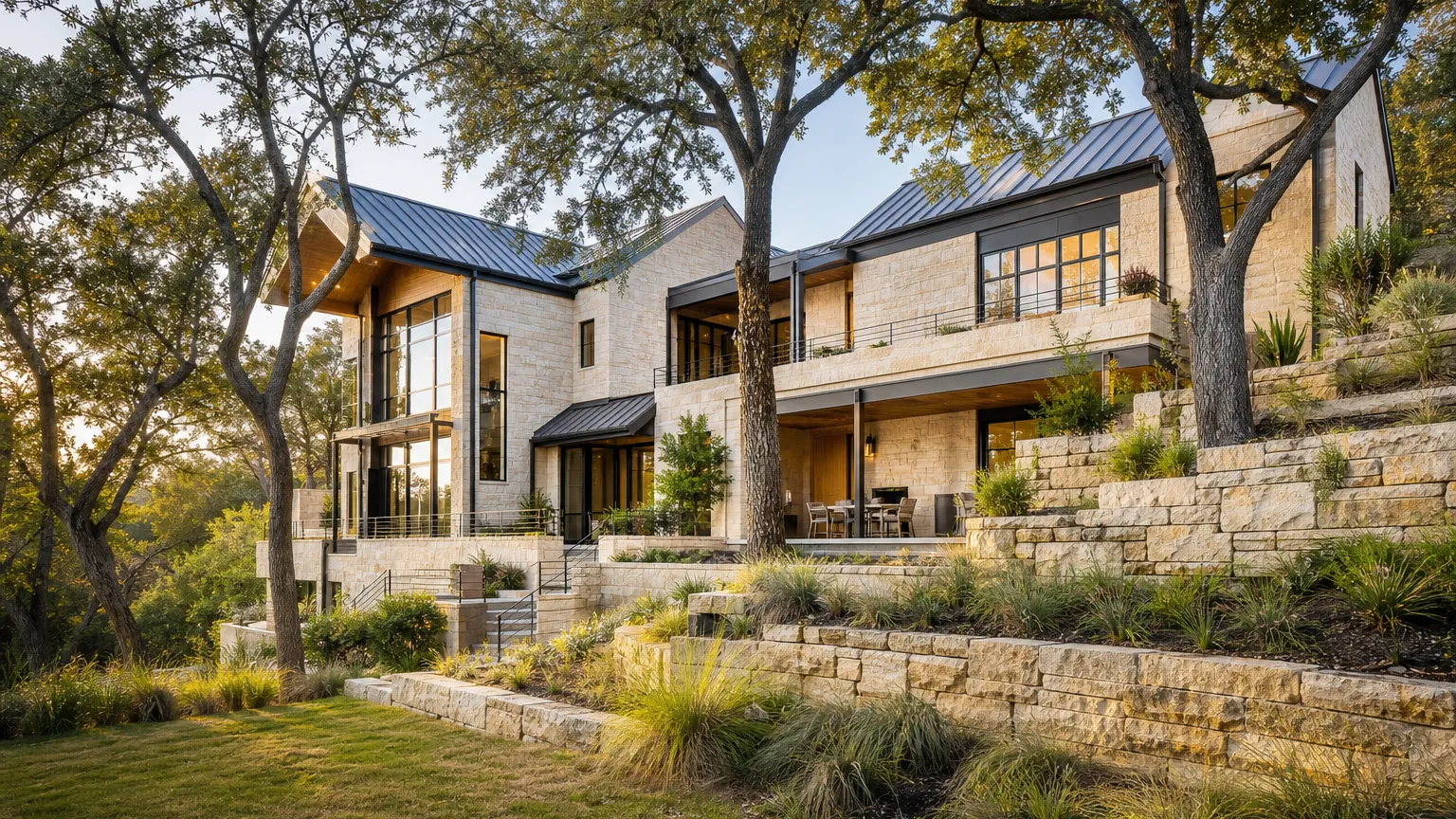 In Bee Cave, Texas: luxury home stepped into a steep wooded hillside with stacked stone retaining walls