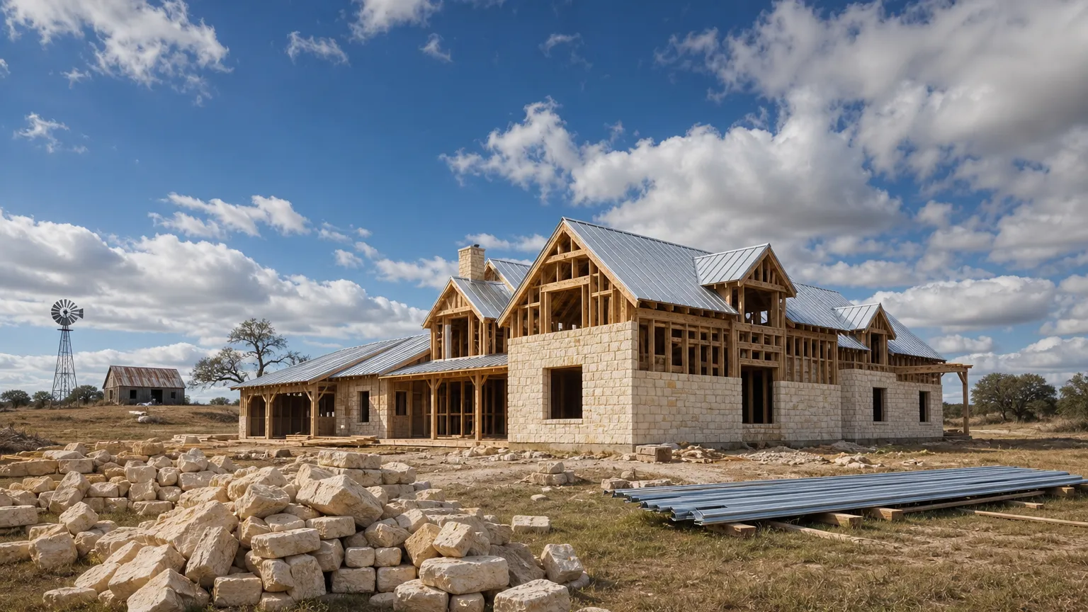 In Blanco, Texas: limestone farmhouse custom home going up on open acreage