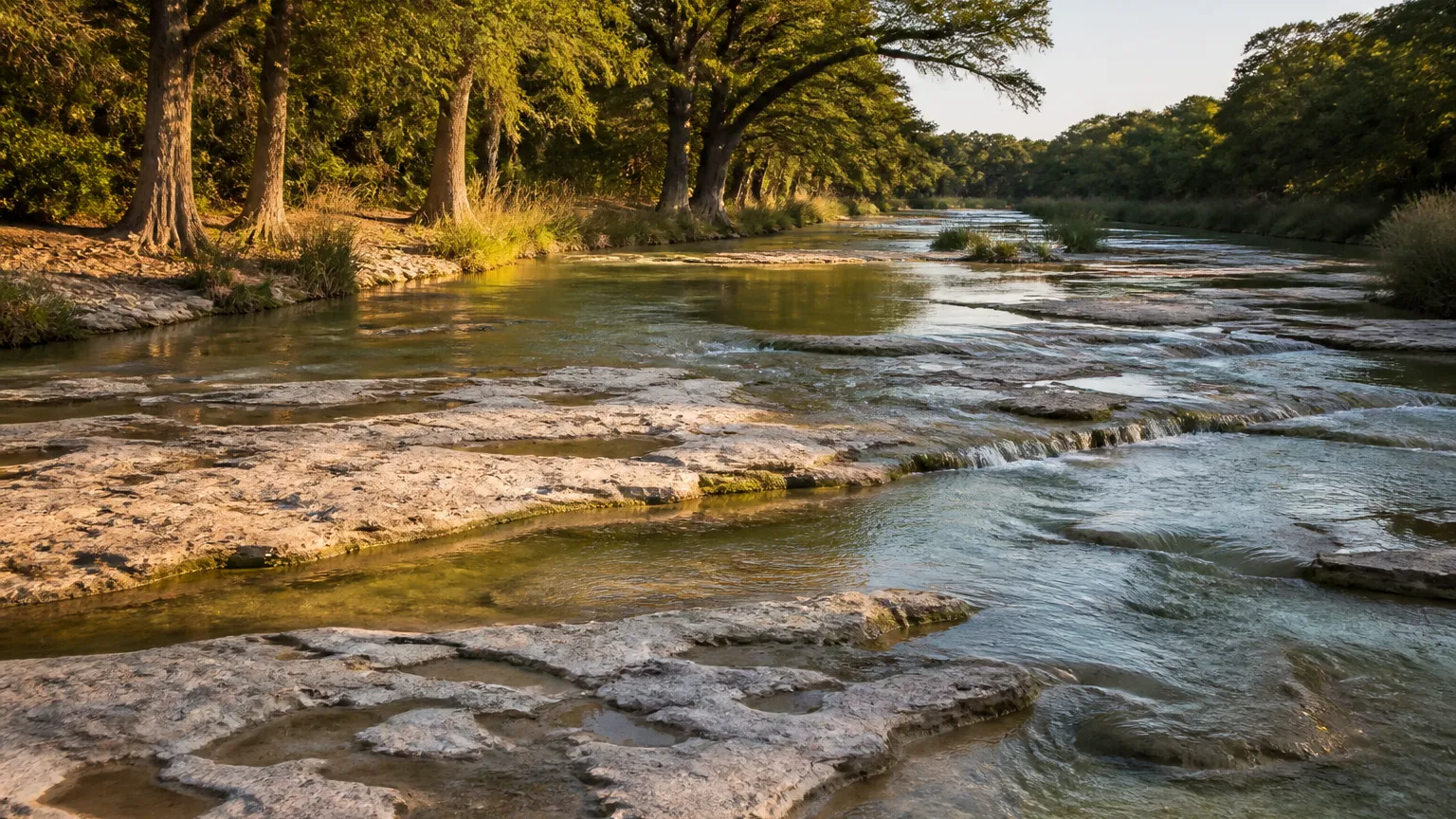 Blanco, Texas terrain: the Blanco River sliding over wide limestone shelves between cypress