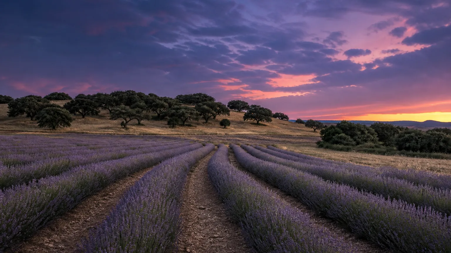 Blanco, Texas: evening vista with lavender rows and oak-dotted hills
