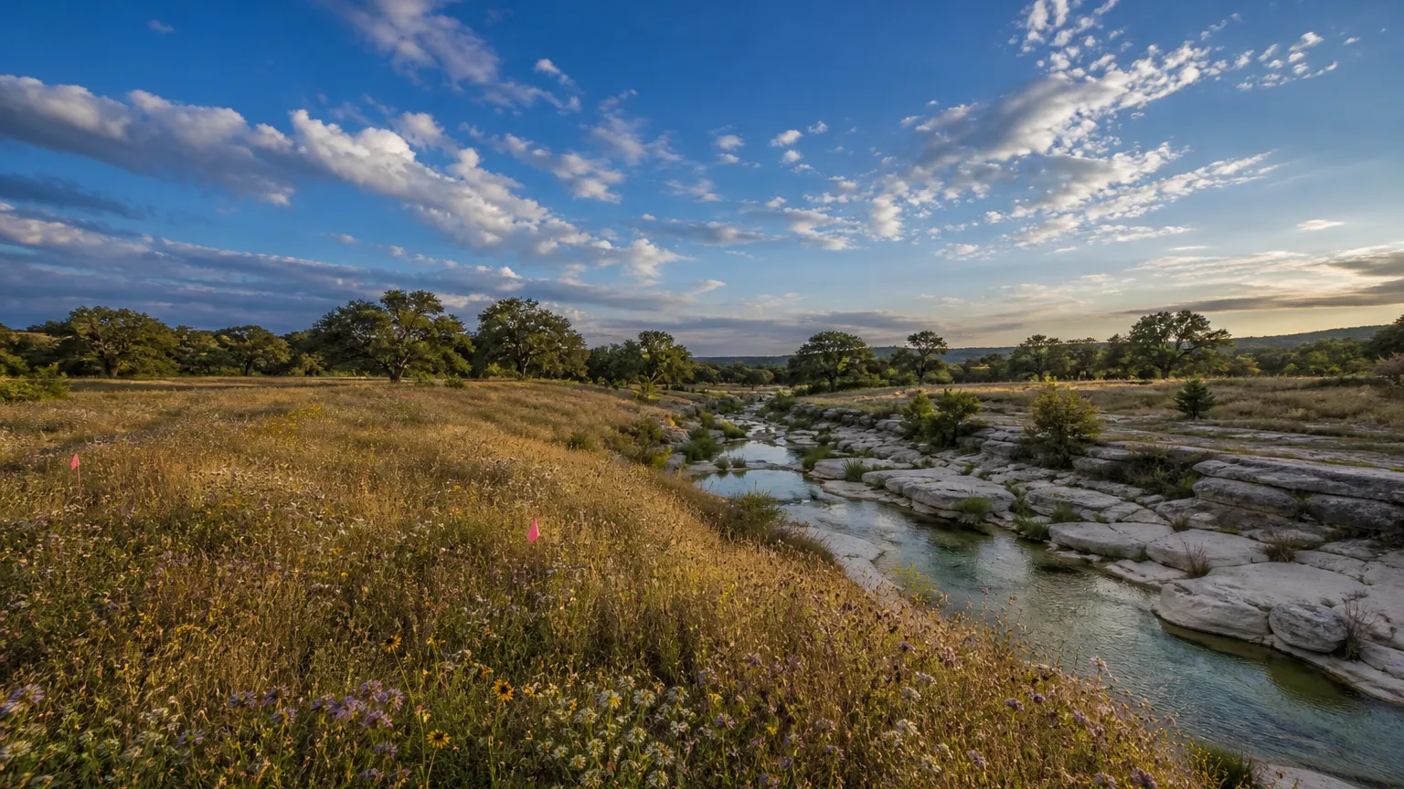 Wildflower meadow sloping to a spring-fed creek with limestone ledges under a big Texas sky