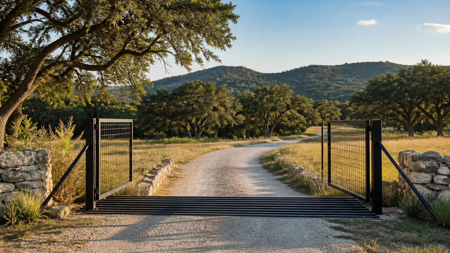 Ranch entrance gate and cattle guard with a gravel drive winding into live oaks