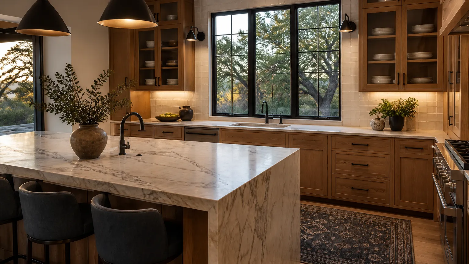 Finished custom kitchen with white oak cabinetry, quartzite island, and a steel window to Hill Country greenery