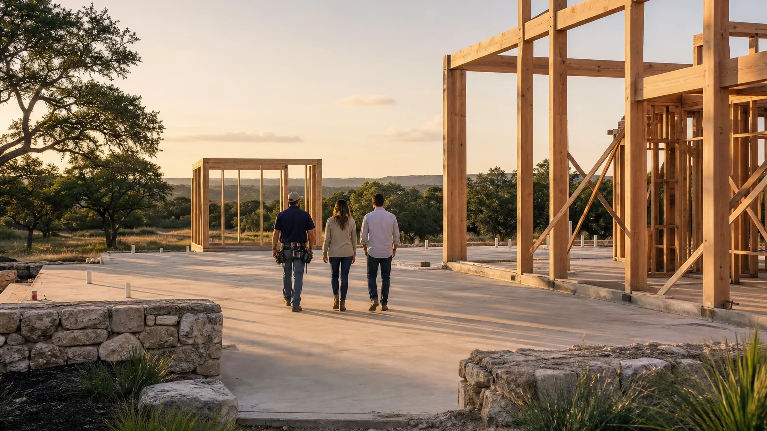 Builder walking a couple through a timber-framed custom home on a limestone slab at golden hour