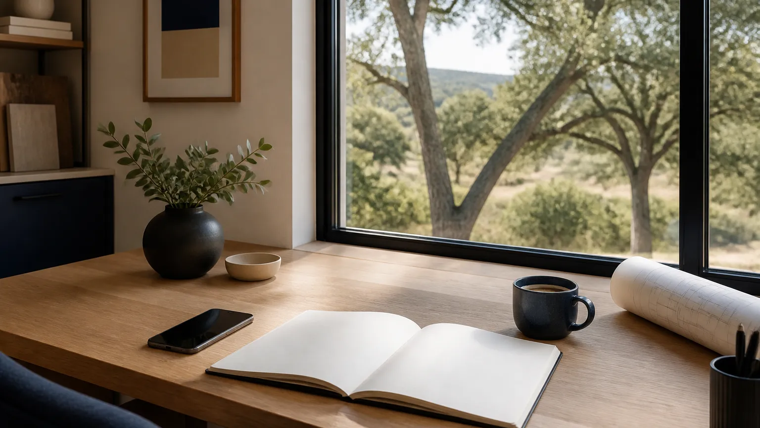 Tidy desk by a window with phone, notebook, coffee, and a rolled plan