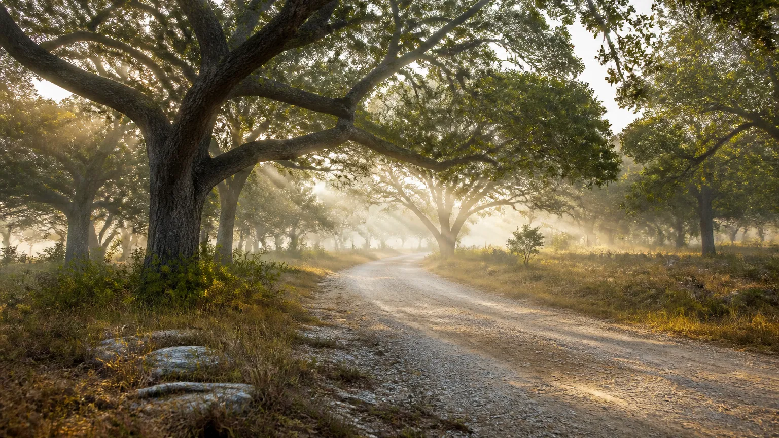 Gravel lane under a canopy of arching live oaks in soft morning fog
