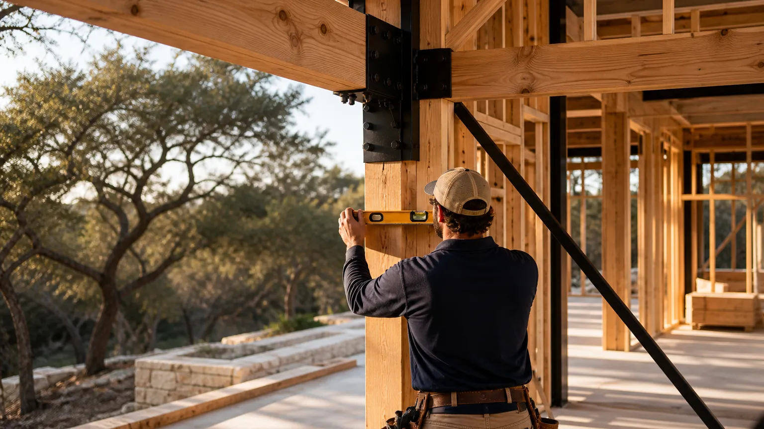 Builder checking a timber and steel frame junction with a level inside a home under construction
