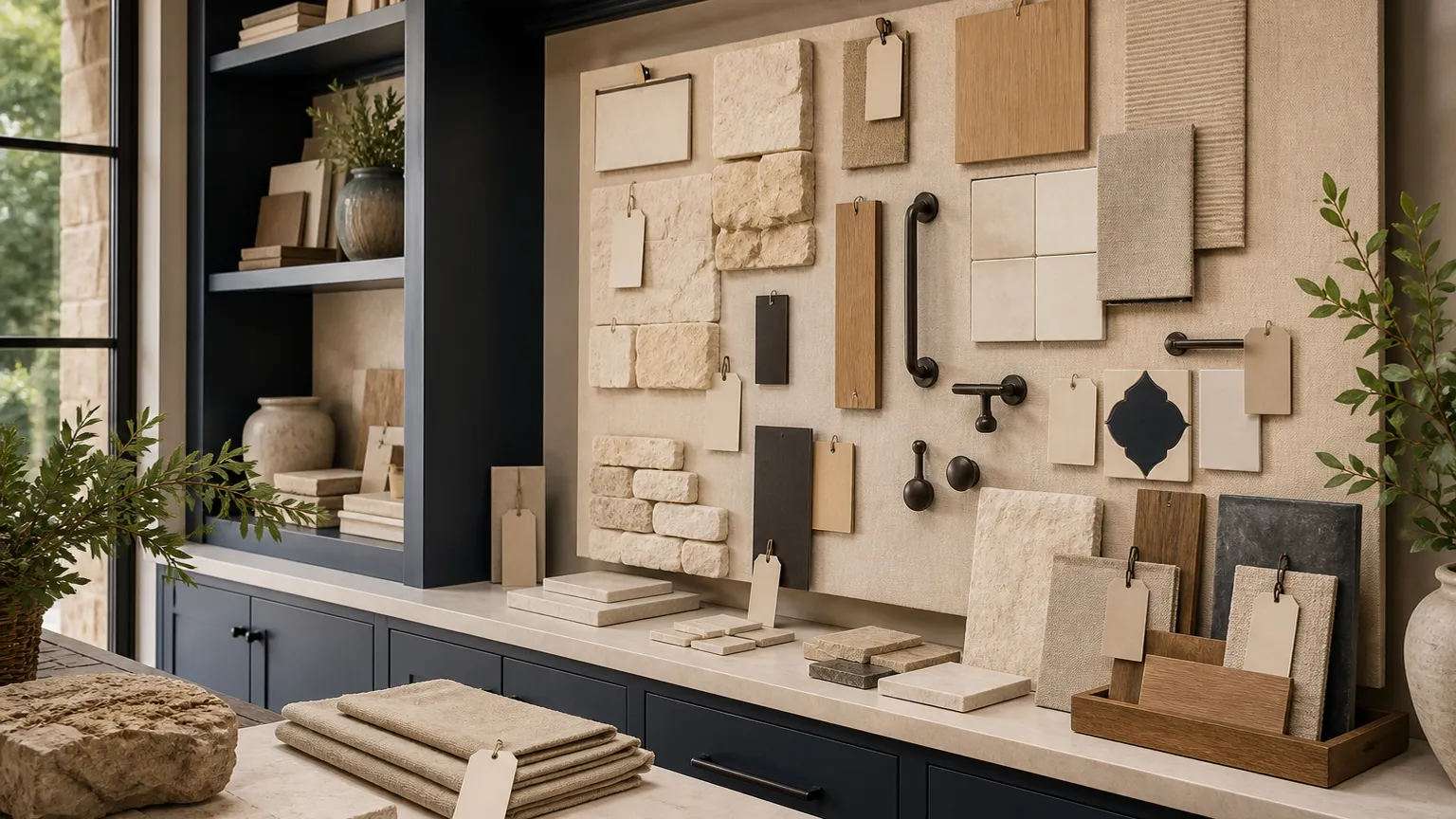 Design studio material wall with limestone chips, oak samples, handmade tile, and linen swatches