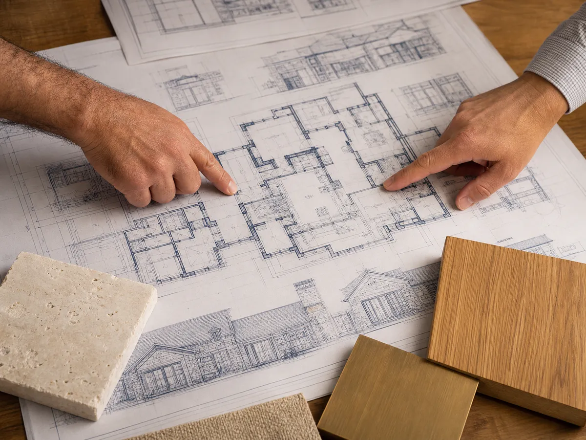 Architect and builder reviewing custom home plans beside limestone, white oak, and brass material samples