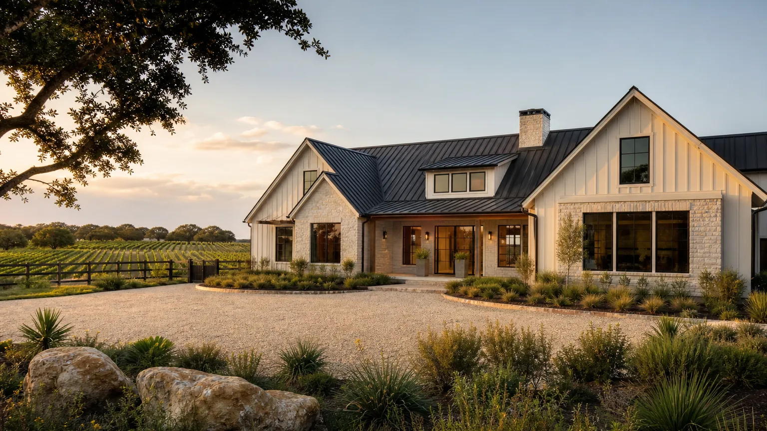 In Driftwood, Texas: modern farmhouse custom home on gated acreage beside vineyard rows