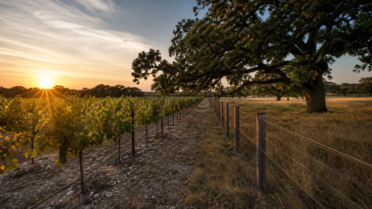 Driftwood, Texas terrain: vineyard rows meeting oak savanna at a low ranch fence