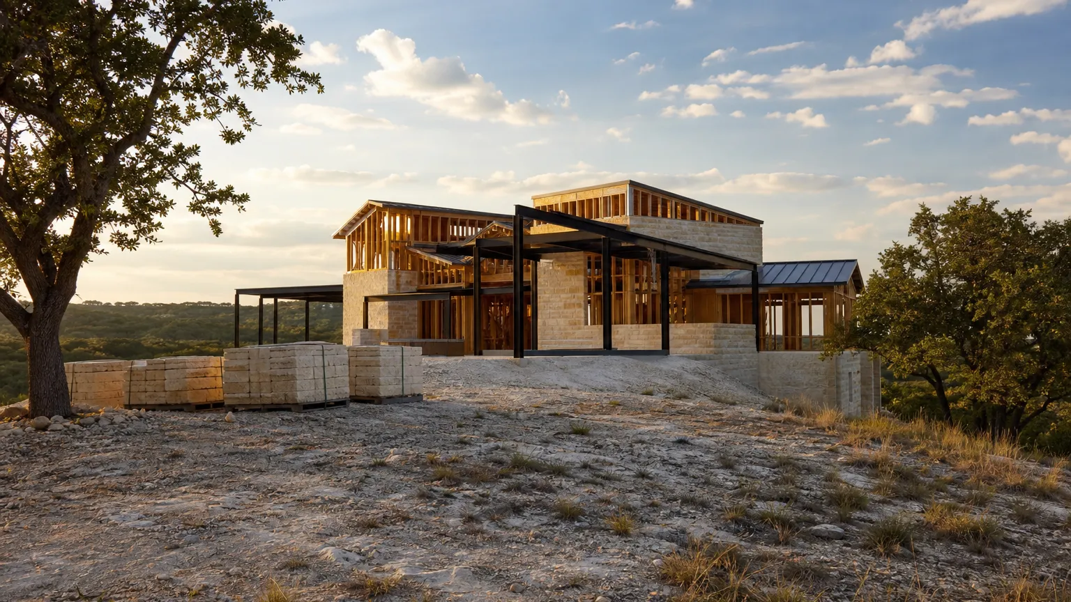 In Dripping Springs, Texas: limestone and steel custom home under construction on a caliche hilltop
