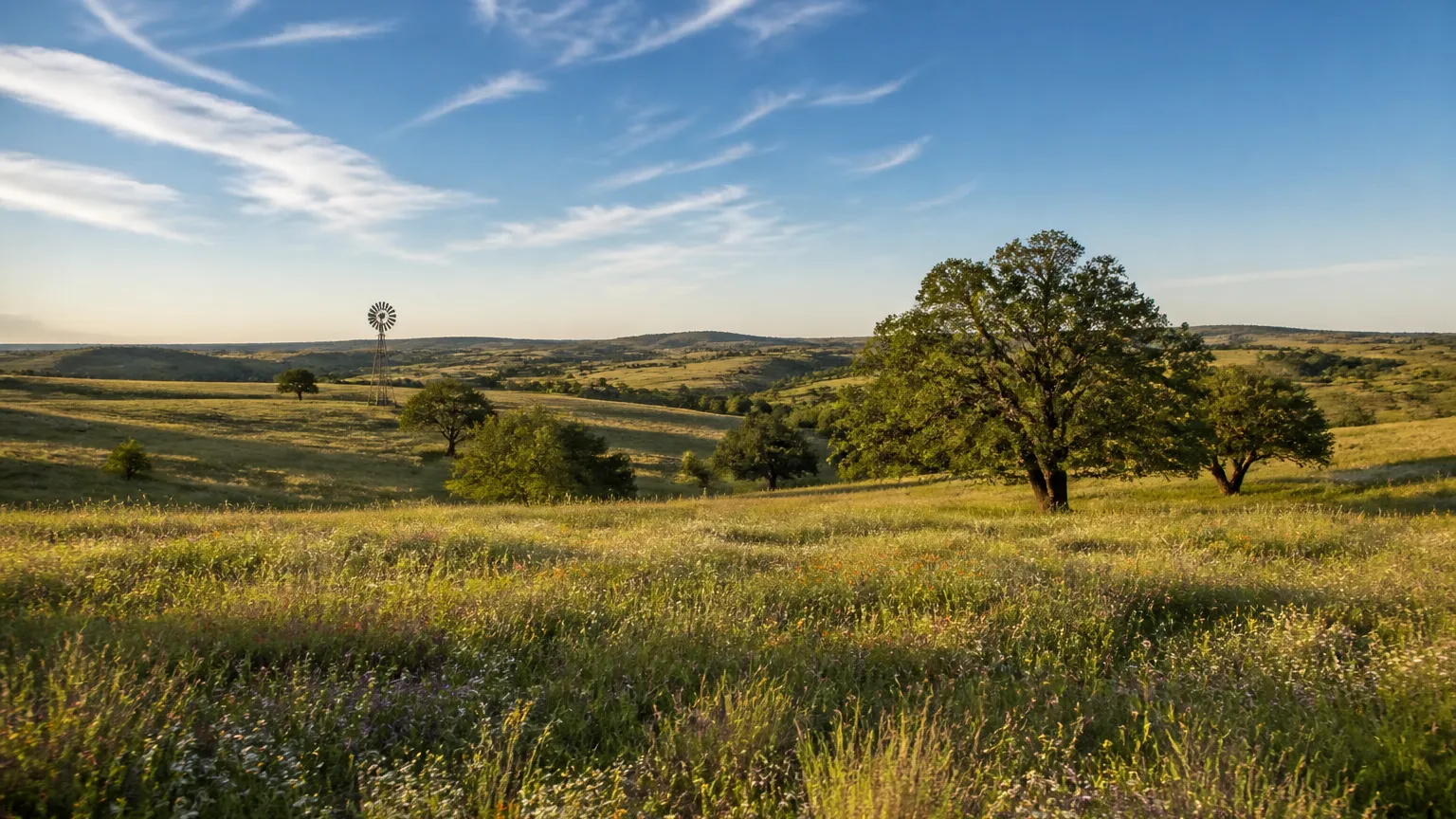 Dripping Springs, Texas terrain: rolling ranchland with spring wildflowers and scattered live oaks