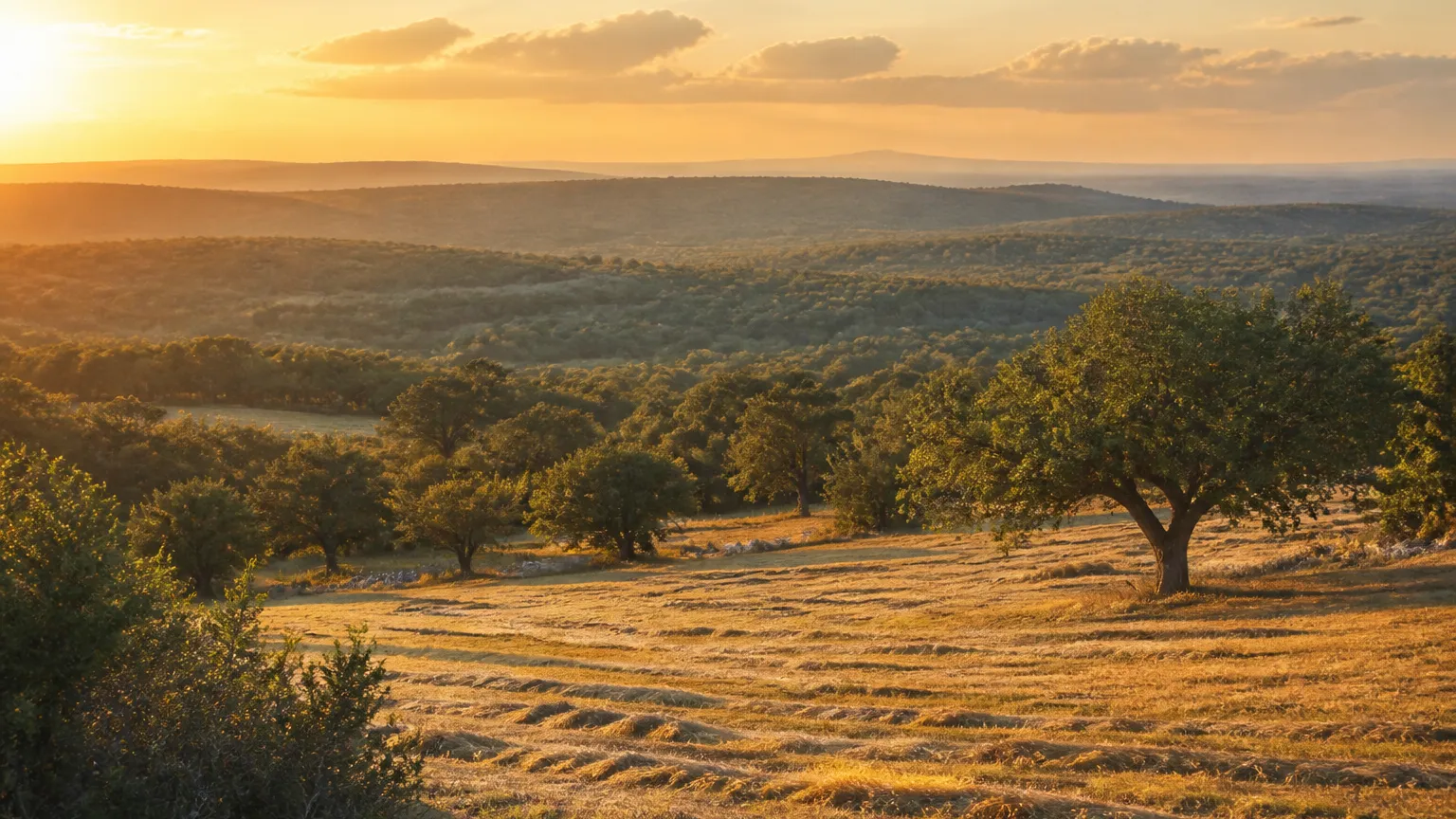 Dripping Springs, Texas: golden-hour vista over long ridgelines and hayfields