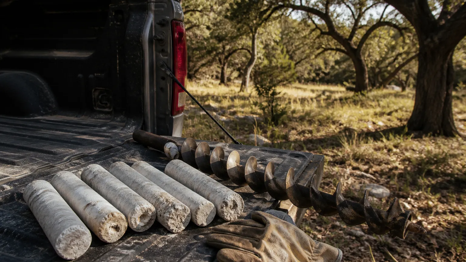 Limestone core samples and a soil auger on a pickup tailgate at a wooded homesite
