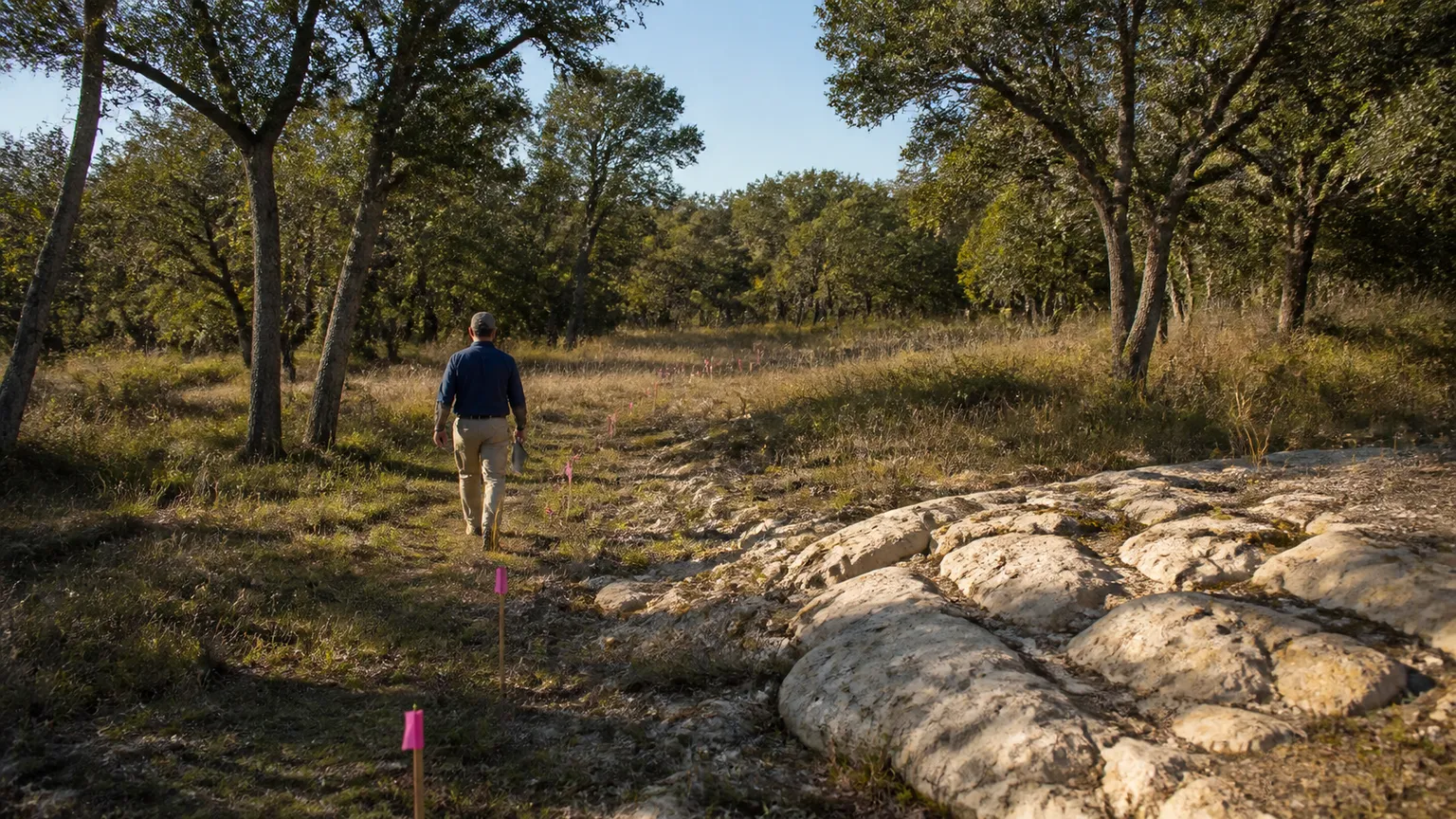 Person with a clipboard walking the staked edge of a wooded lot with survey flags