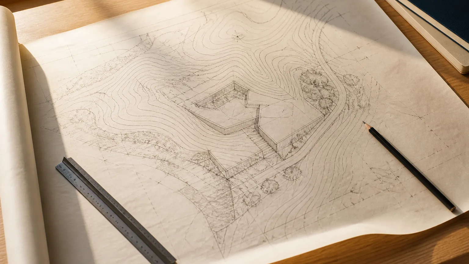 Topographic site drawing on a table with a scale ruler and pencil