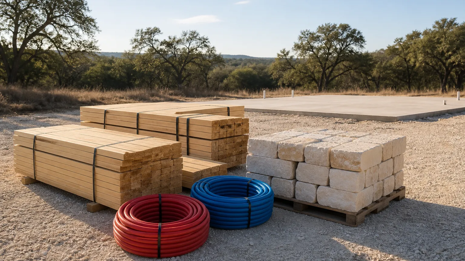 Banded lumber packs and a pallet of limestone staged on a homesite in morning light