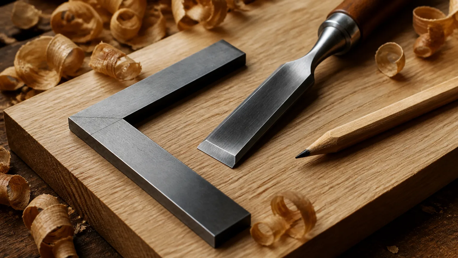 Joiner square, chisel, and pencil on a white oak board with fresh shavings