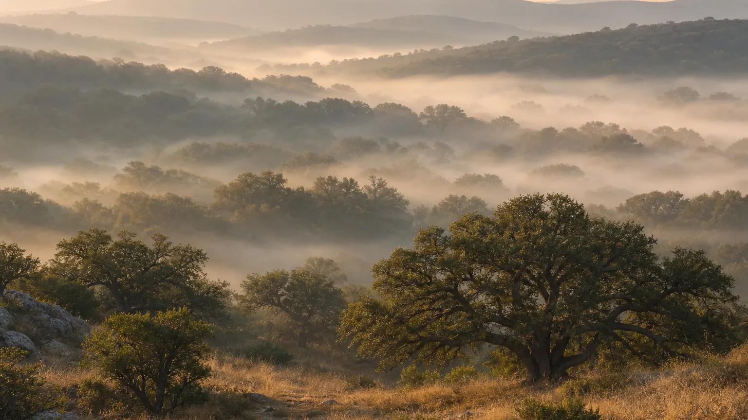 Misty early morning over rolling Hill Country with live oaks emerging from low fog