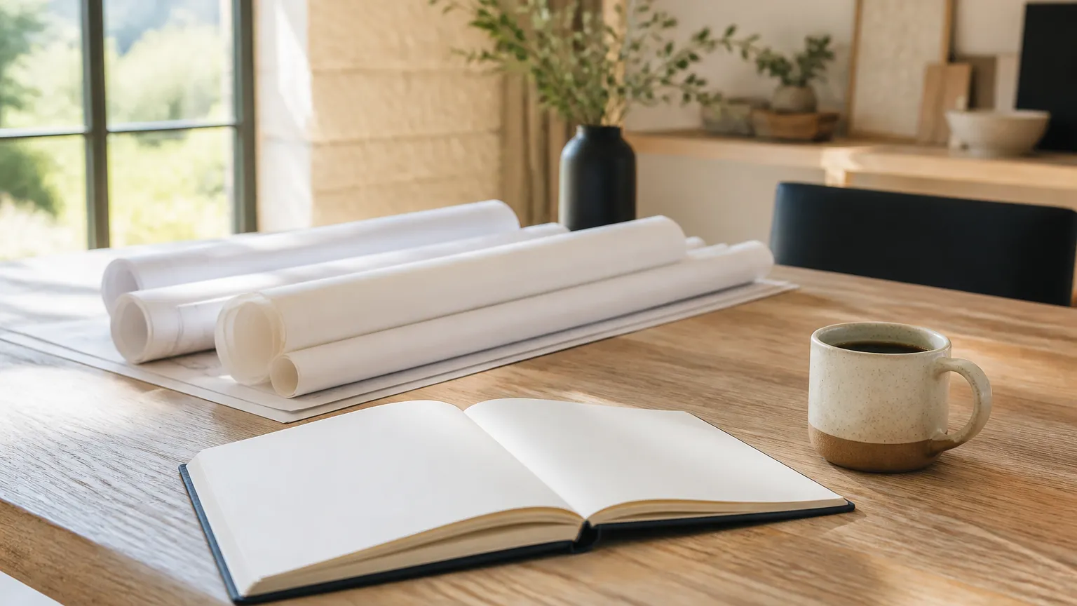 Rolled architectural plans, an open notebook, and coffee on a white oak table