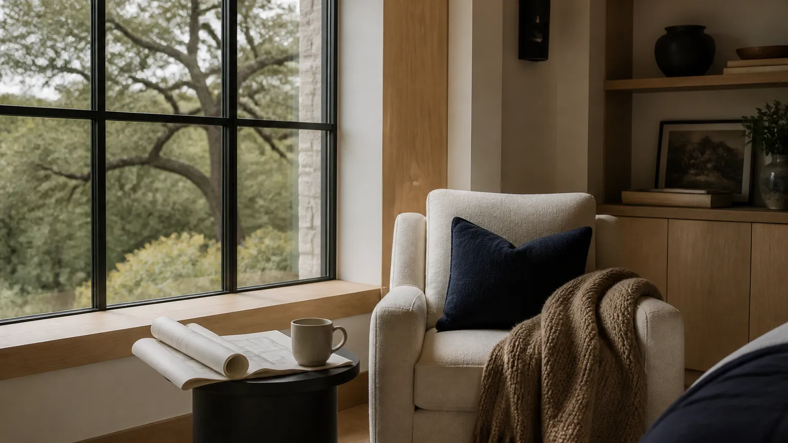 Reading corner by a black steel window with plans and a mug, oaks outside