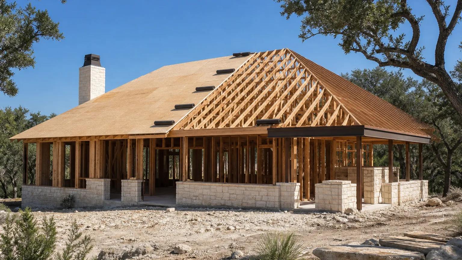 Custom home mid-build with roof decking half installed against a blue sky