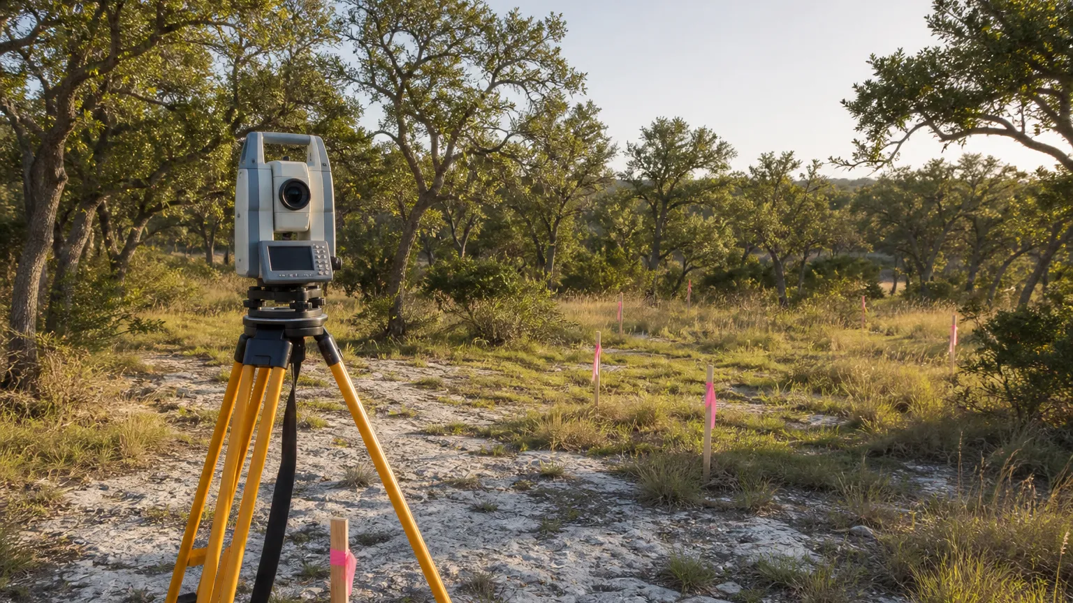Surveyor tripod and total station on raw wooded acreage with pink flagging