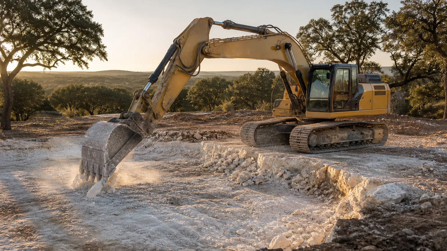 Excavator ripping a shallow limestone shelf on a homesite, fresh white rock exposed