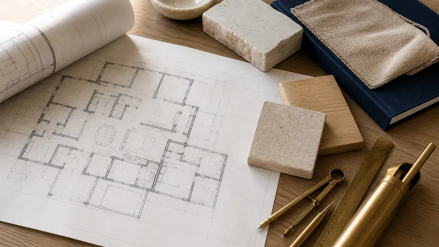 Architect and builder reviewing custom home plans beside limestone, white oak, and brass material samples