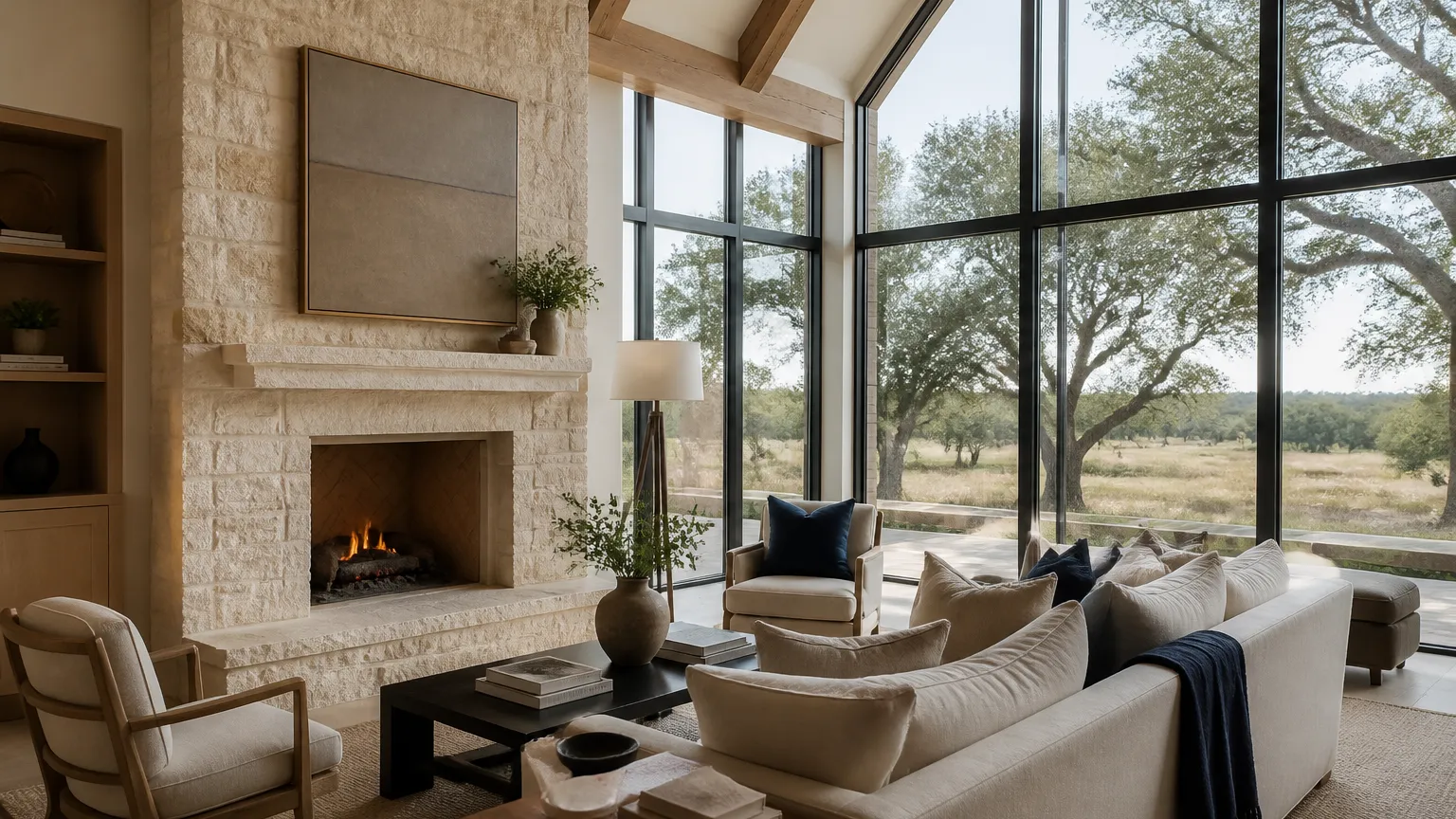 Vaulted great room with white oak beams, limestone fireplace, and steel windows framing a Hill Country view