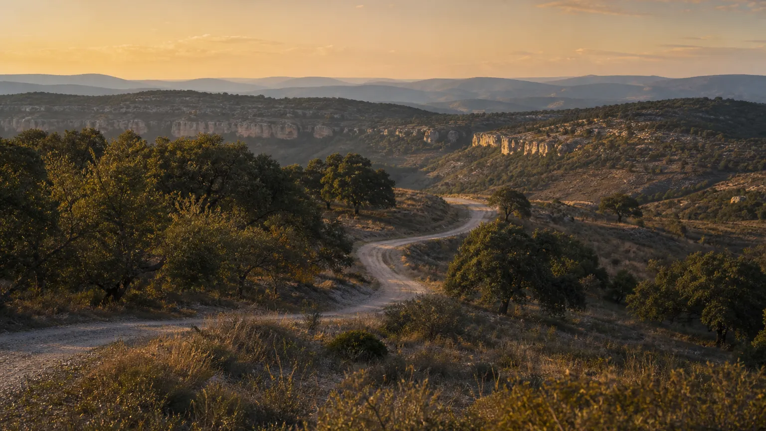 Texas Hill Country homesite at golden hour with live oaks, limestone outcrop, and rolling hills