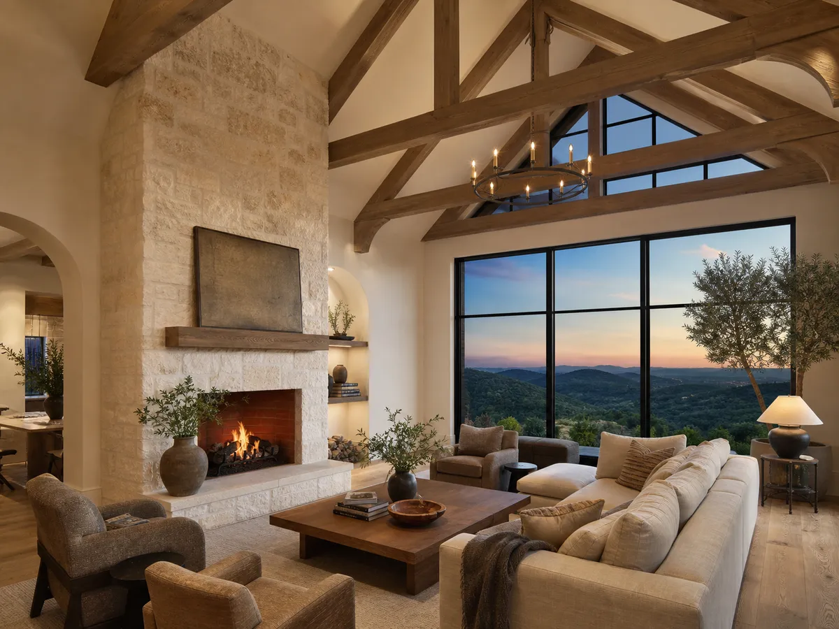 Vaulted great room with white oak beams, limestone fireplace, and steel windows framing a Hill Country view