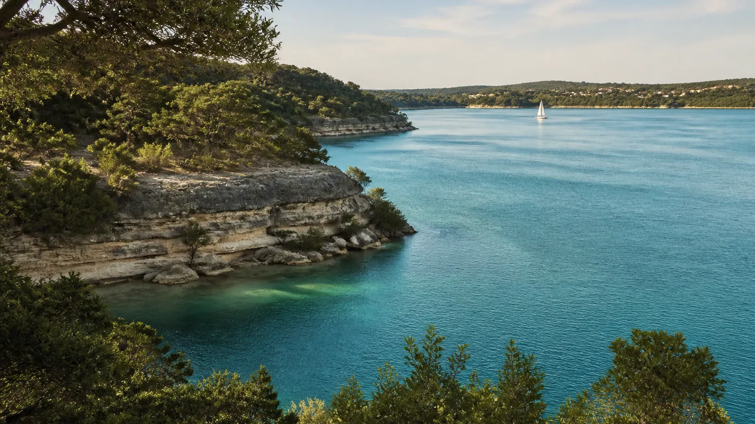 Lakeway, Texas terrain: lake cove with clear water below wooded limestone bluffs