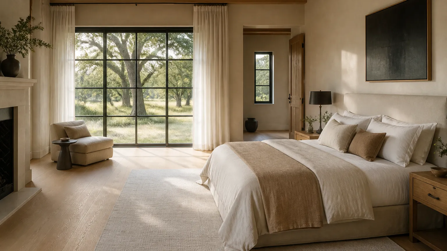 Serene luxury primary bedroom with plaster walls, oak floors, and a steel window wall onto live oaks