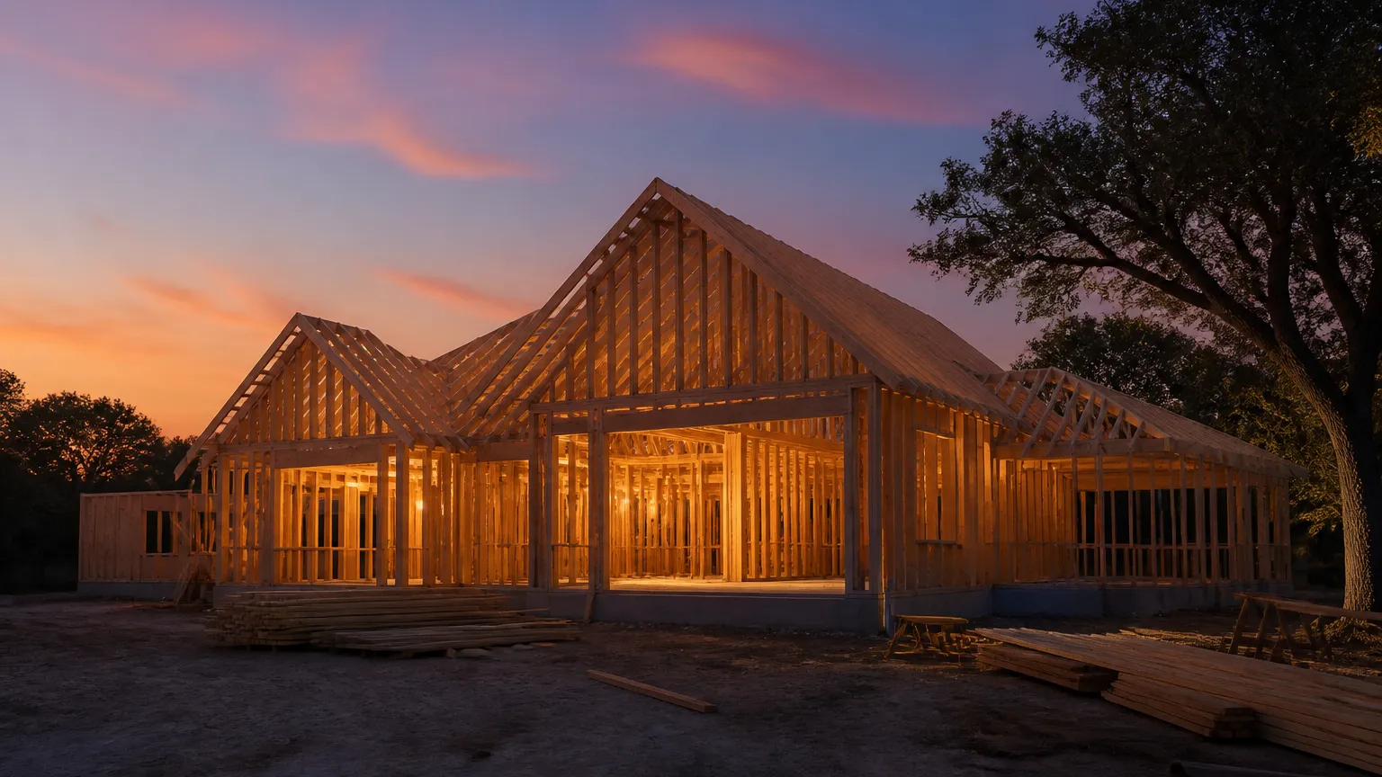 Tidy custom home jobsite at dusk with a framed roofline silhouetted against a glowing sky