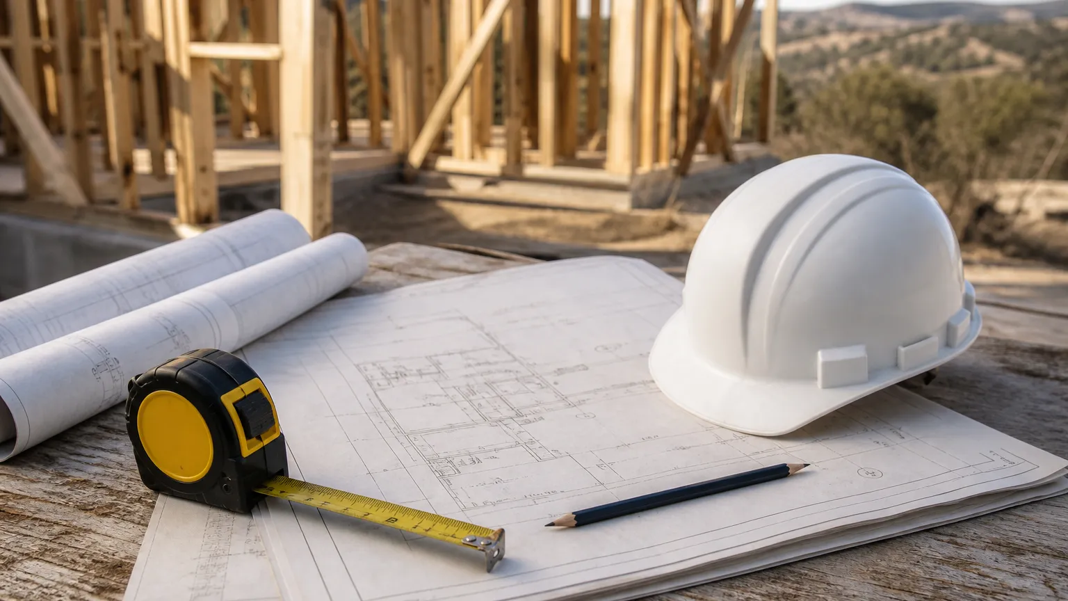 Stamped architectural plans, tape measure, and hard hat on a site table before a framed wall