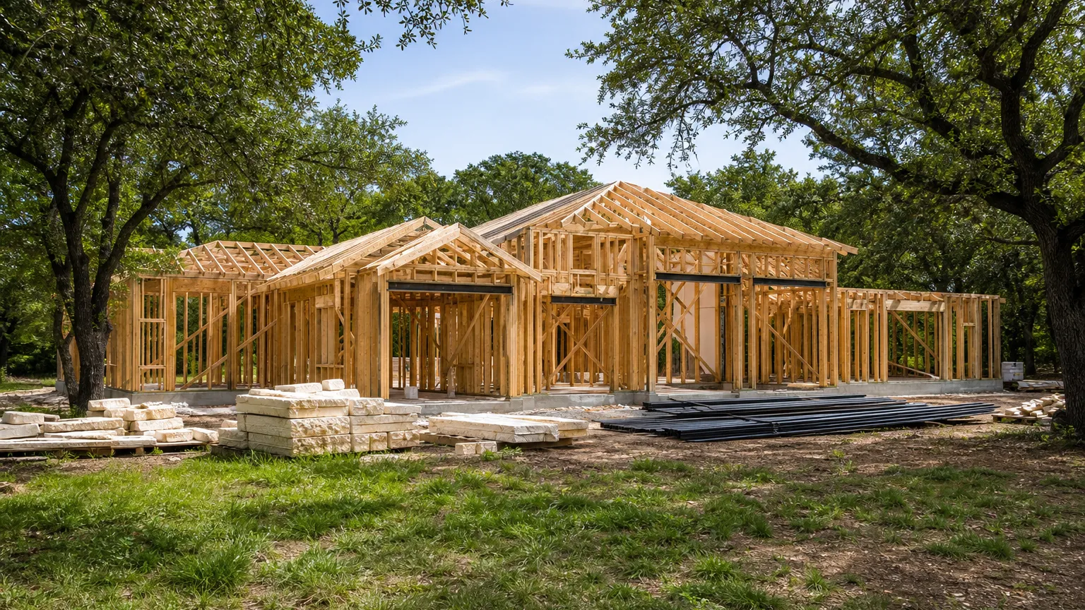 In San Marcos, Texas: custom home mid-build on a flat oak-shaded lot