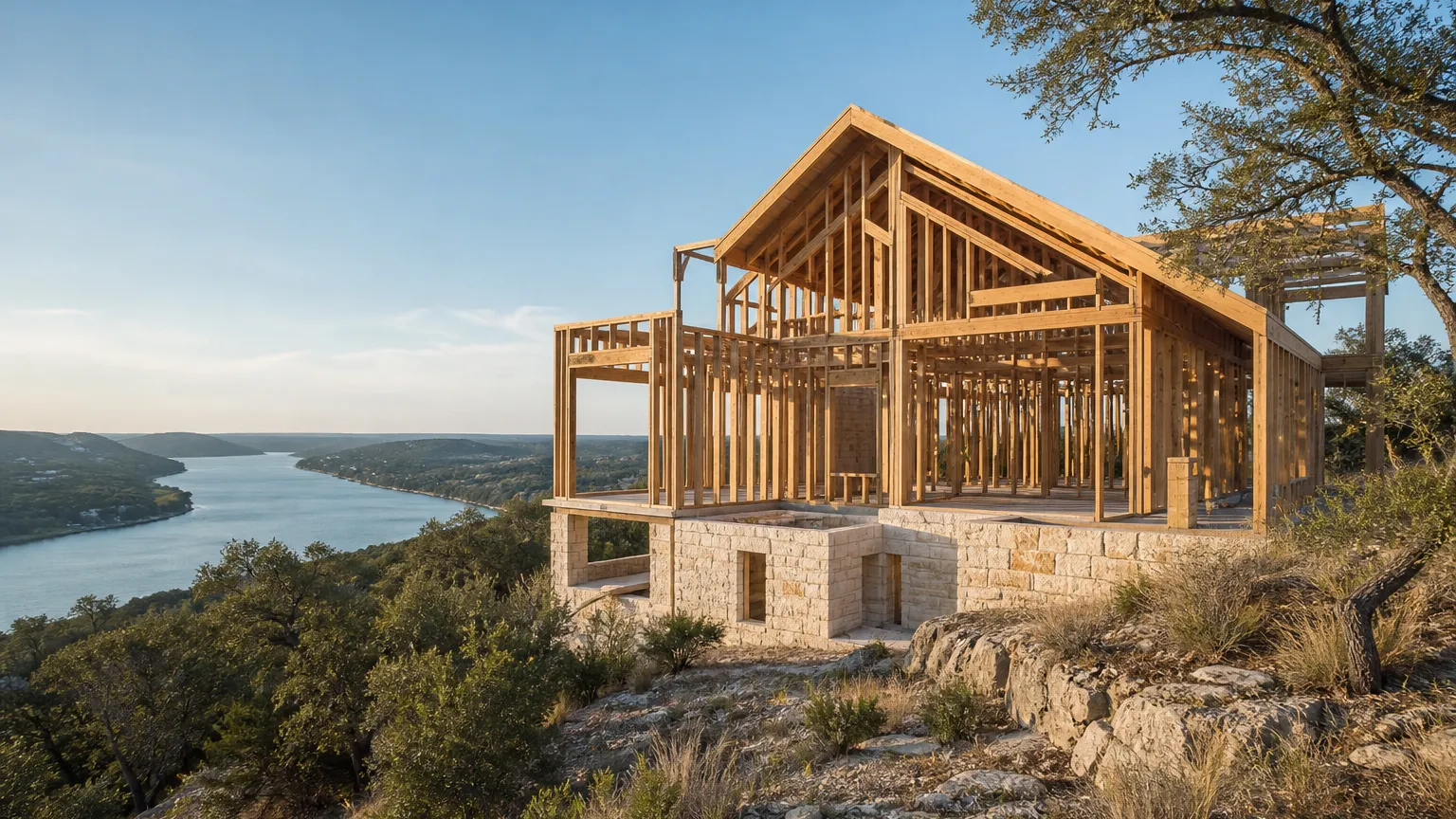 In Spicewood, Texas: custom home frame rising on a bluff above the river arm