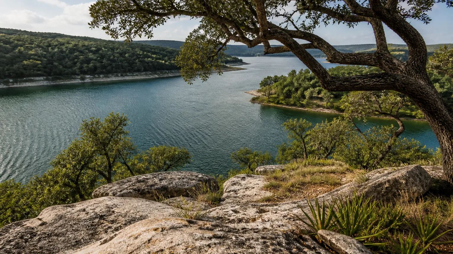 Spicewood, Texas terrain: rocky point over a wide green river arm with gnarled live oaks