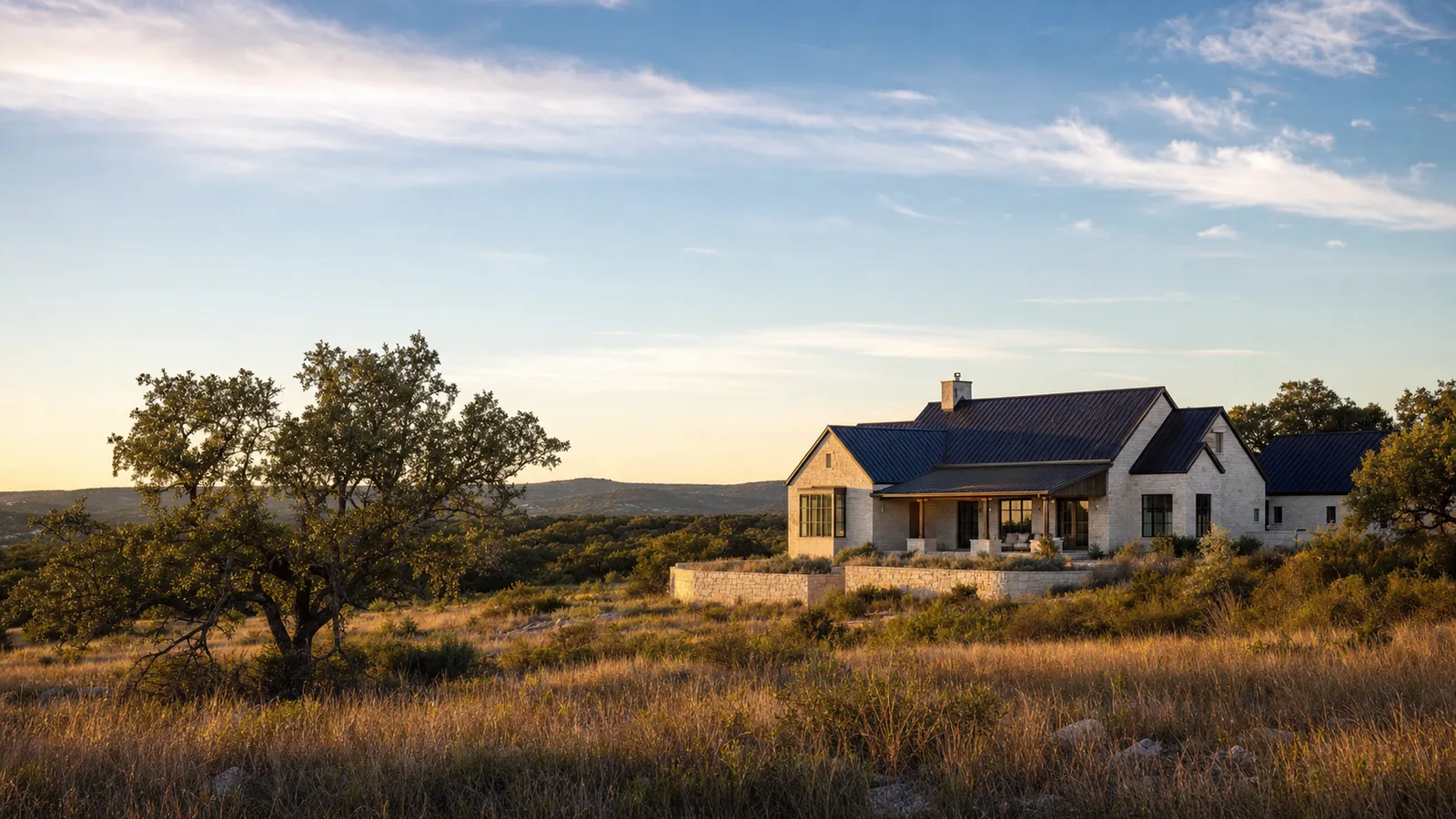 Modern limestone ranch home on oak savanna land outside Dripping Springs, Texas