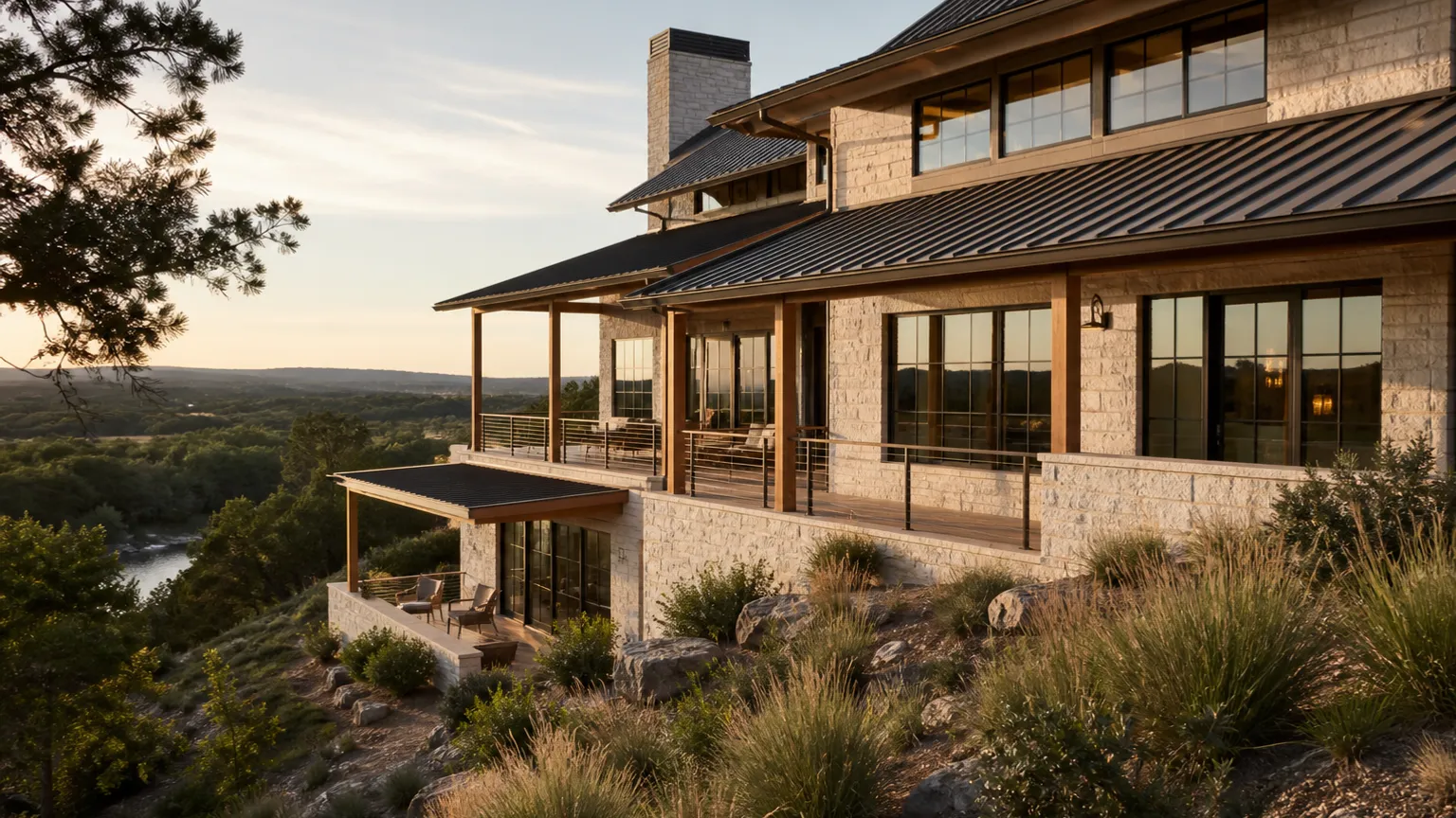 In Wimberley, Texas: hillside custom home with deep porches above the cypress-lined valley
