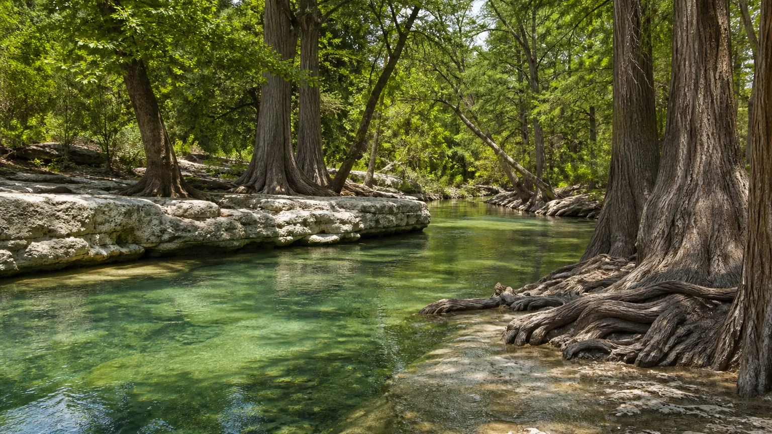 Wimberley, Texas terrain: clear green creek lined with tall bald cypress and limestone ledges