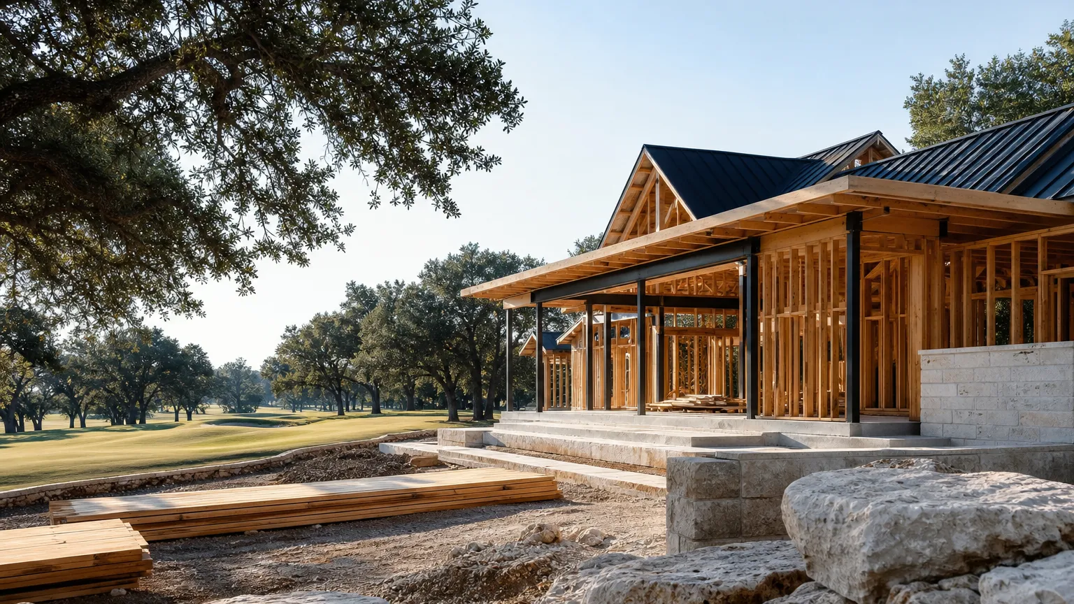 In Woodcreek, Texas: custom home under construction beside a former golf fairway lined with oaks