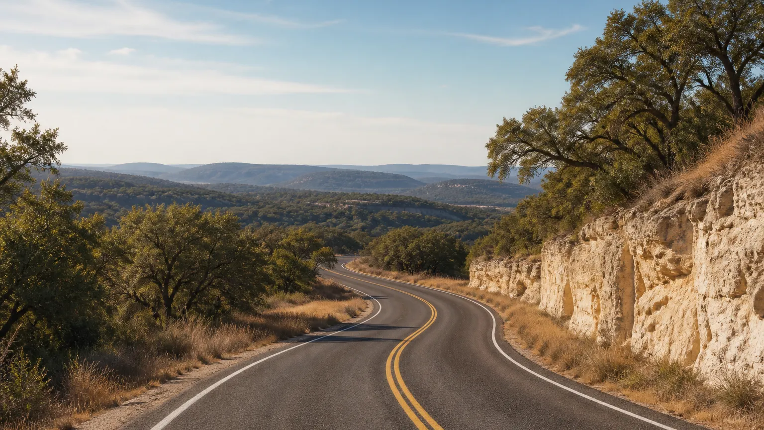 Two-lane Hill Country road sweeping through oaks and limestone cuts toward distant hills